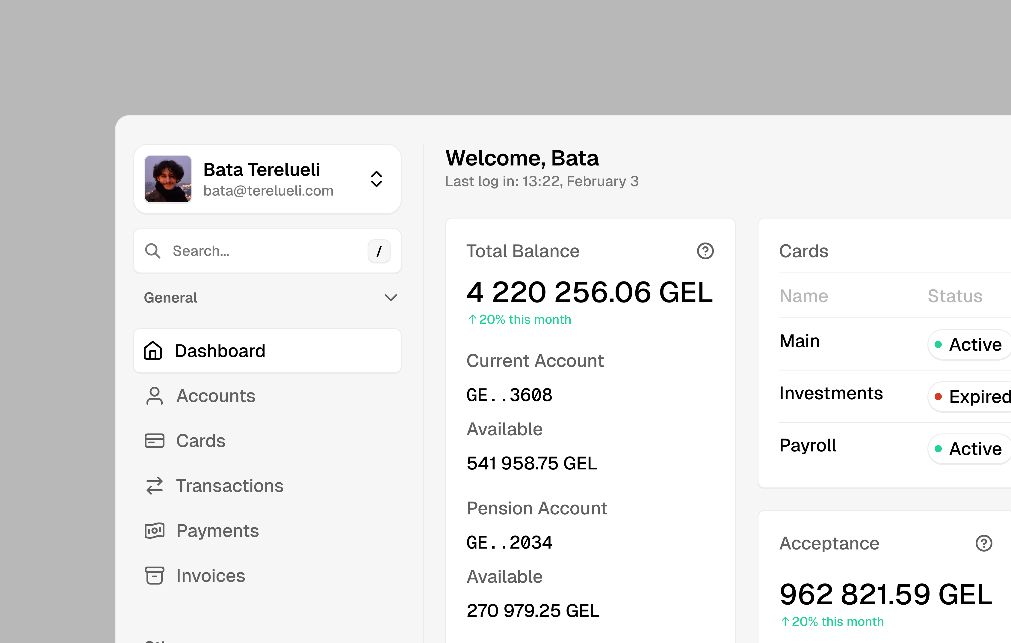 A screen of Bata Terelueli's business banking project